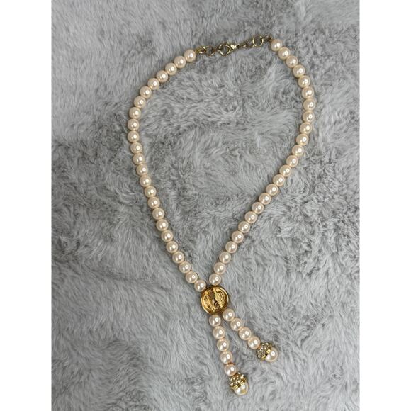 Faux Pearl Drop Necklace with Crystal Pendant, Gold-Tone, 17" + 2.5" Vintage - Picture 2 of 5